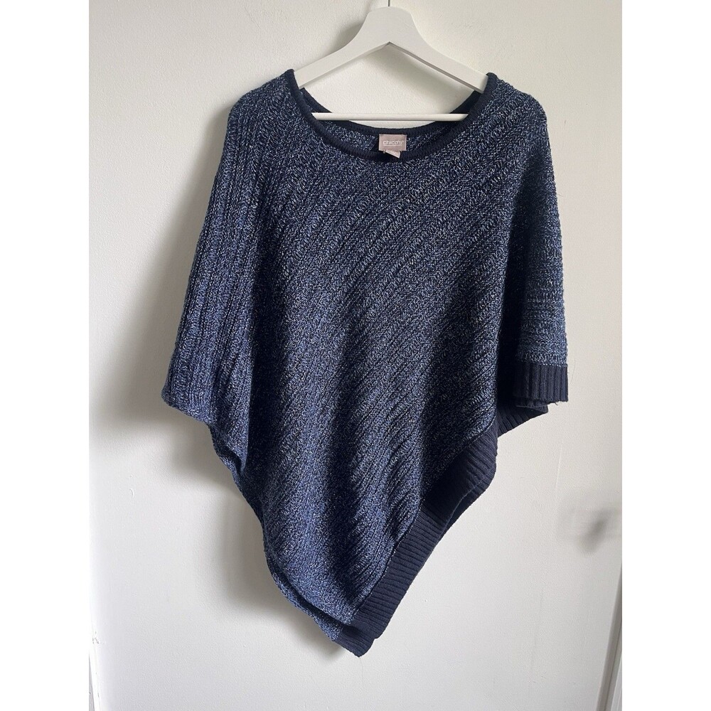 Chico's Size L/XL Goddess Blue Metallic Knit Triangle Poncho Sweater